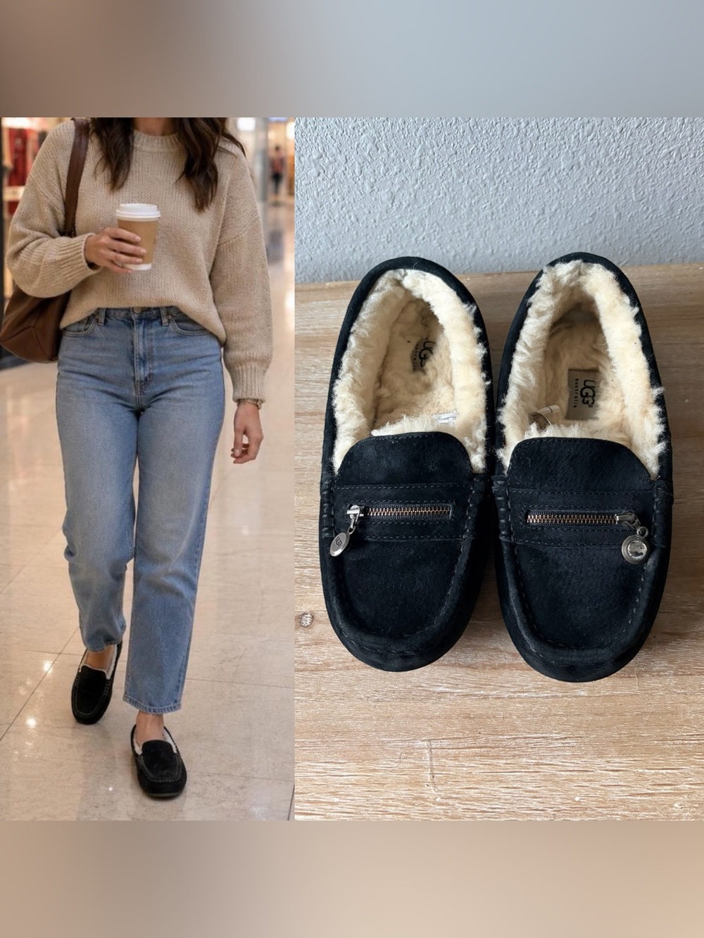 UGG Ansley Charm Black Shearling-Lined Moccasin Slippers